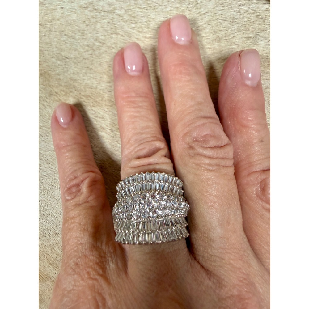 925 Sterling Silver Cubic Zirconia Baguette Round Multi Row Statement Ring